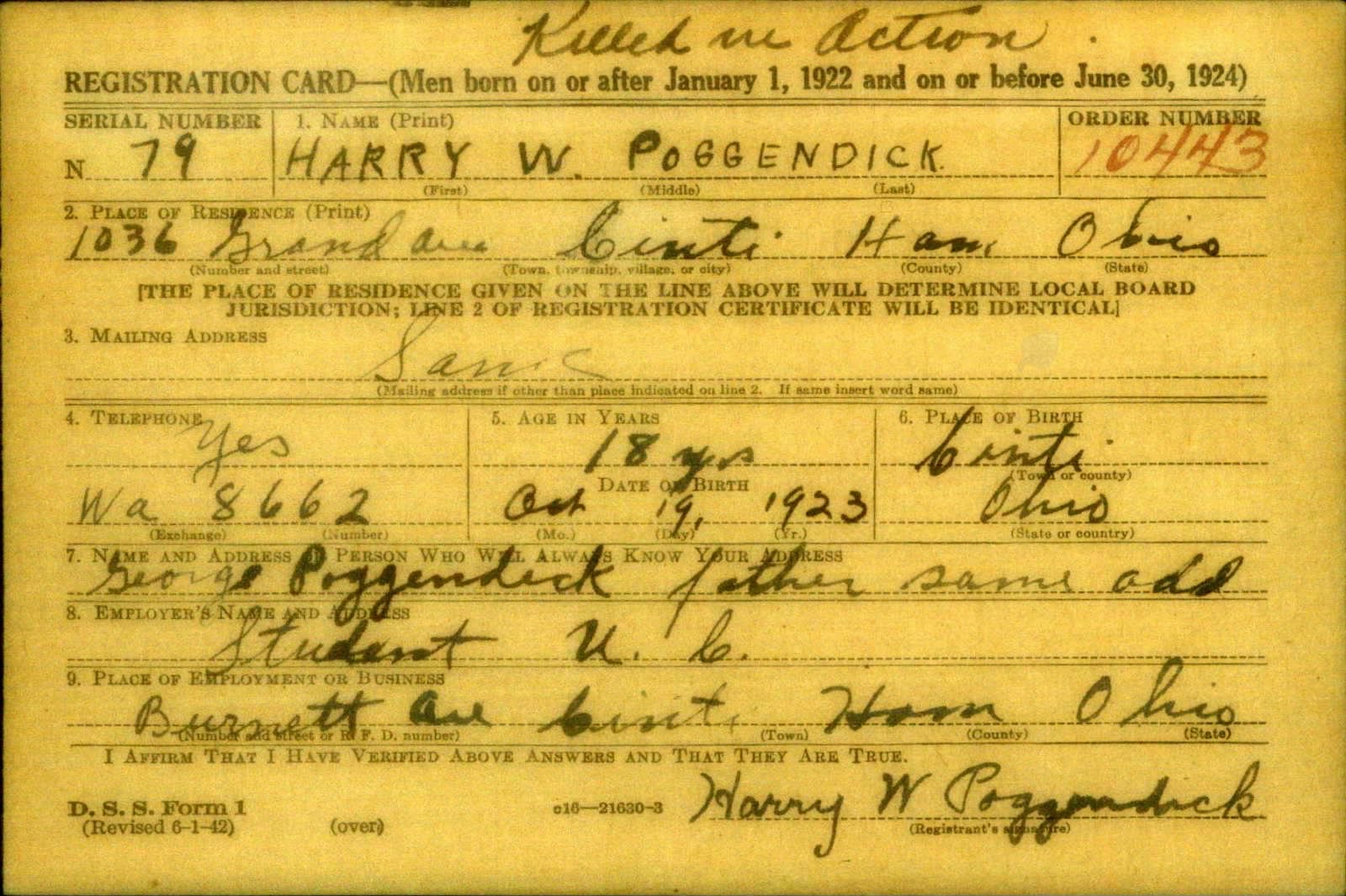 Harry William Poggendick Draft Registration Card