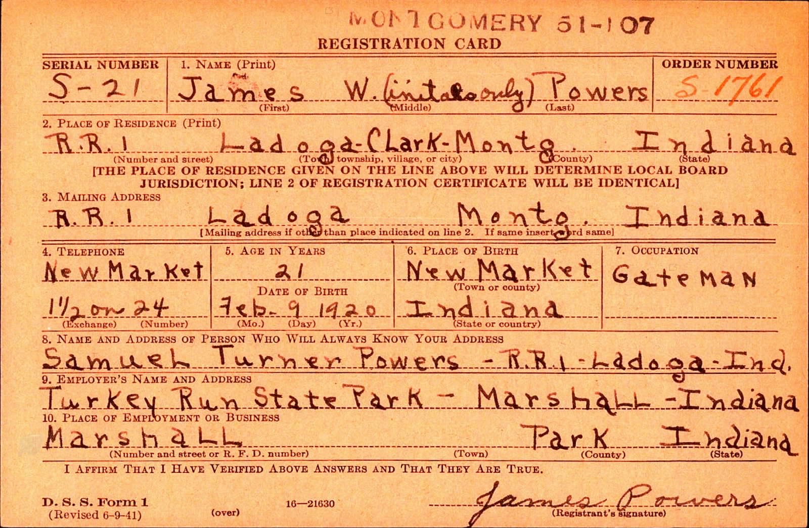 James W. Powers Draft Registration Card