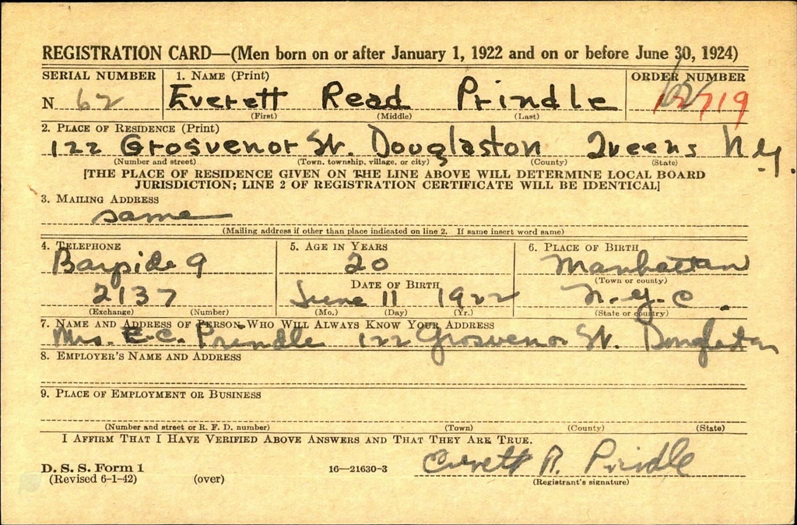 Everett Read Prindle Draft Registration Card