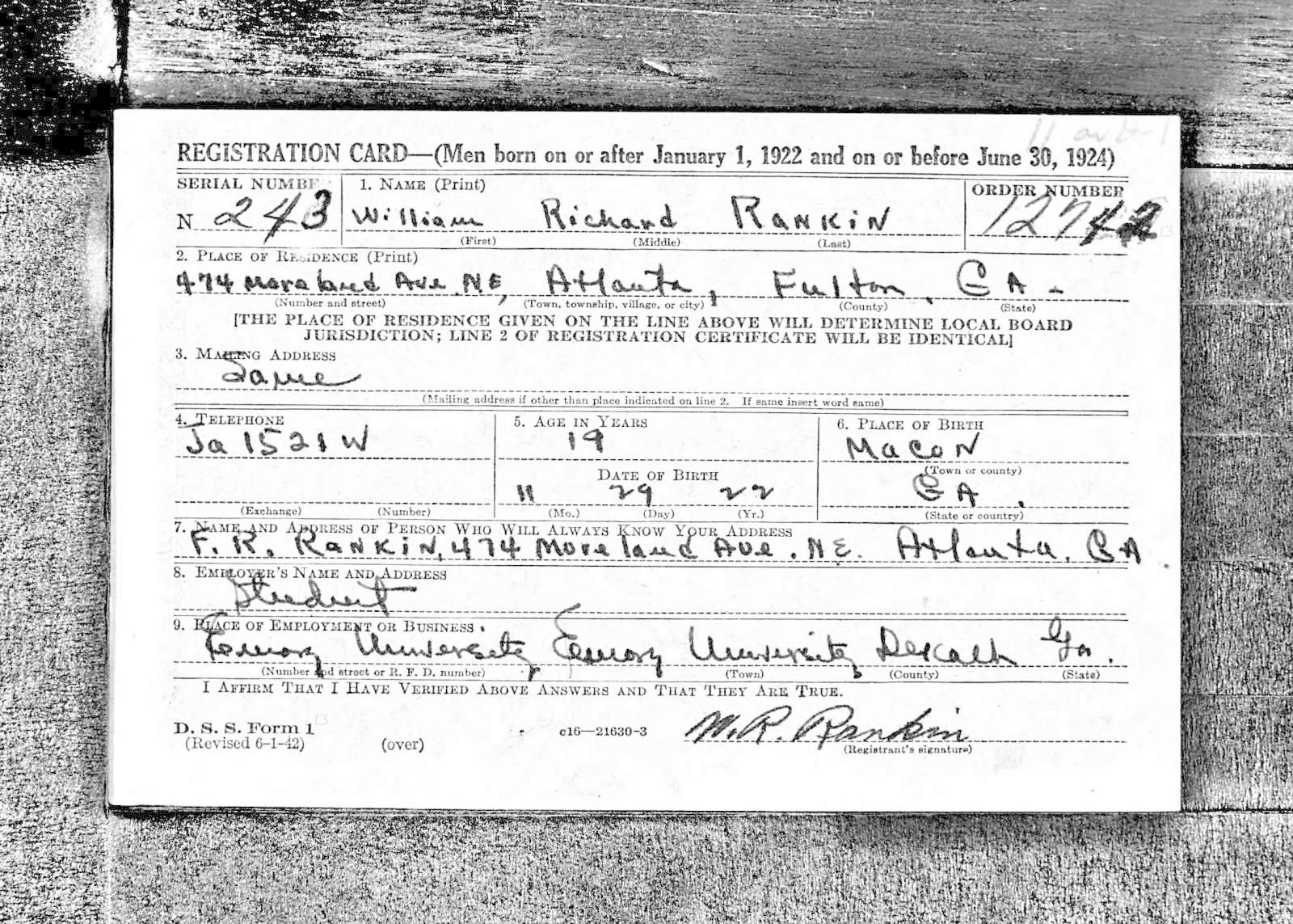 William Richard Rankin Draft Registration Card
