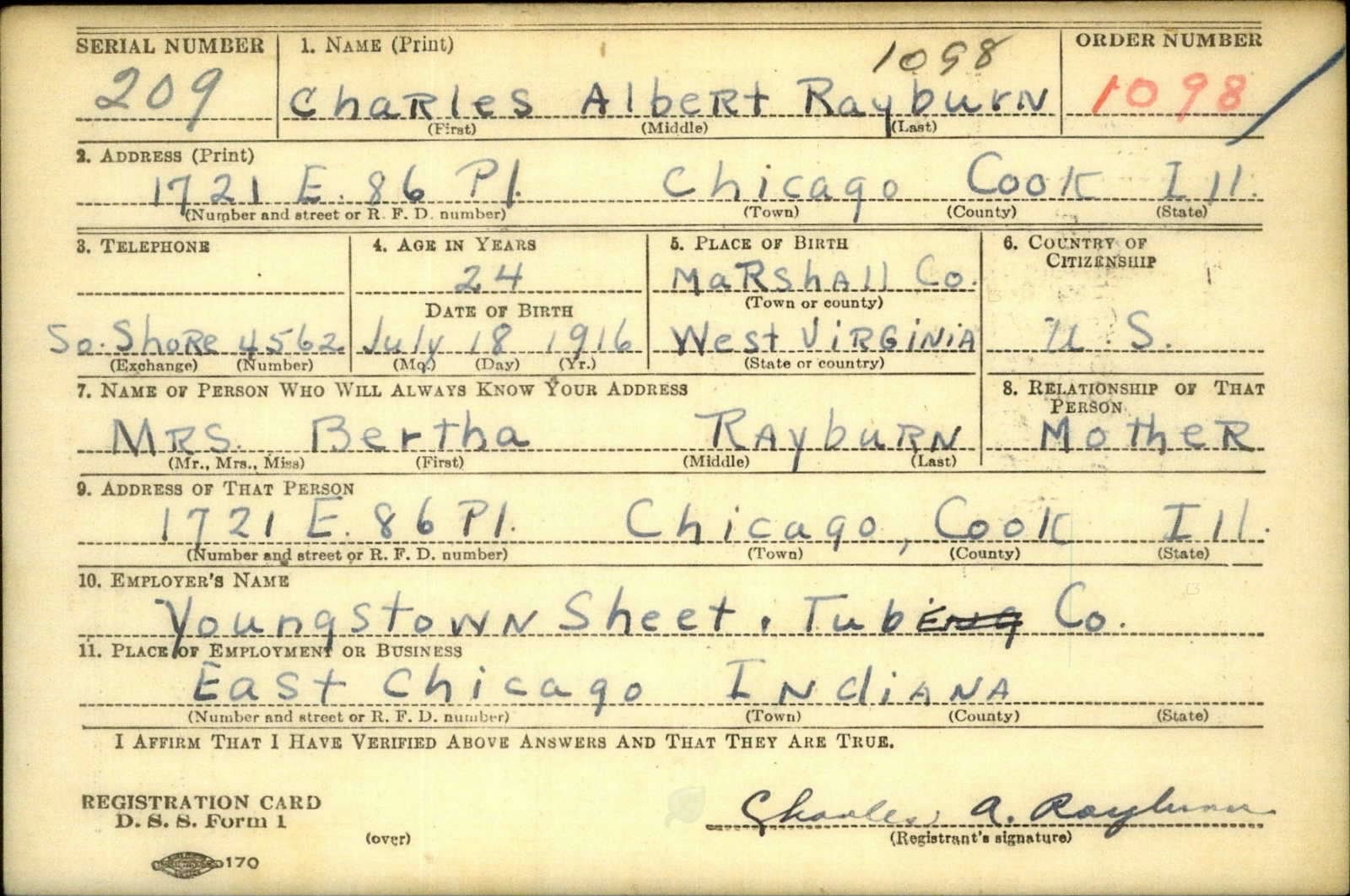 Charles Albert Rayburn Draft Registration Card