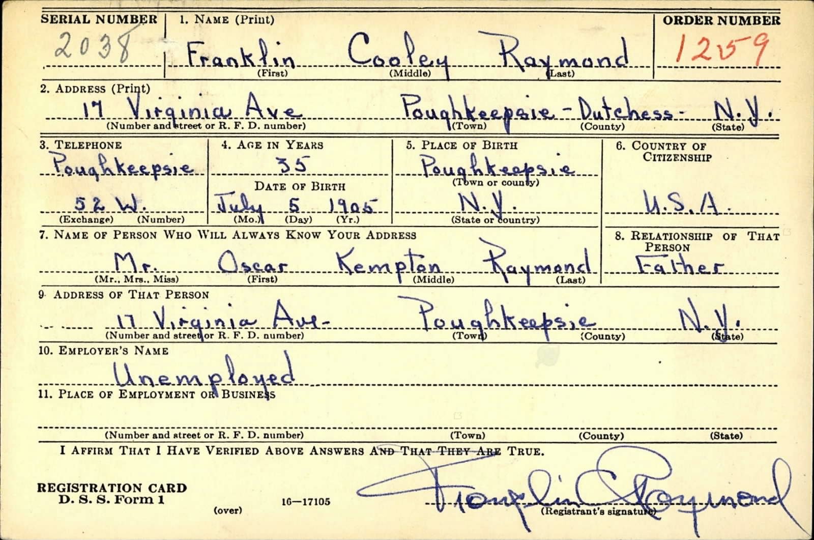 Franklin Cooley Raymond Draft Registration Card
