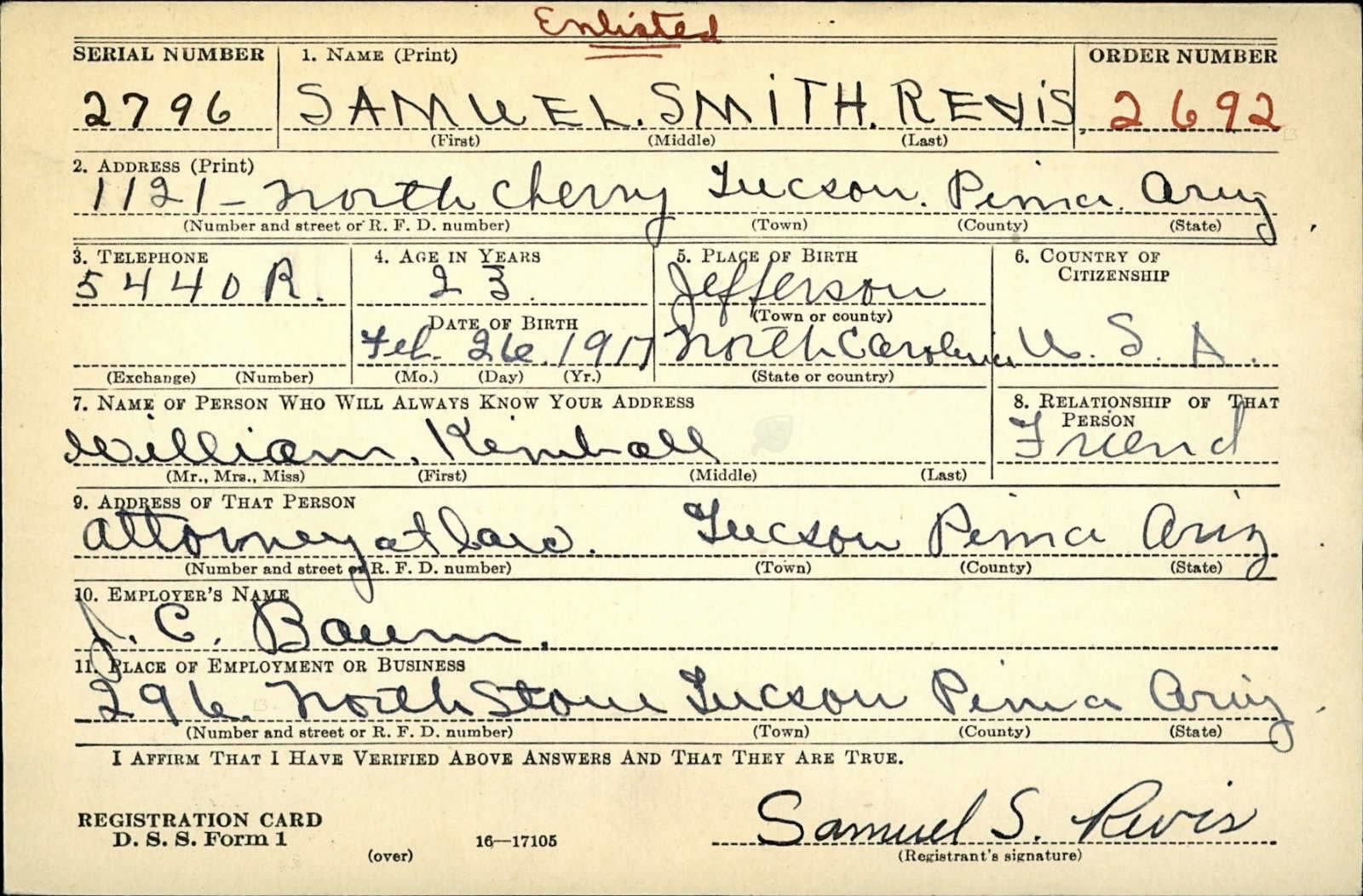 Samuel Smith Revis Draft Registration Card