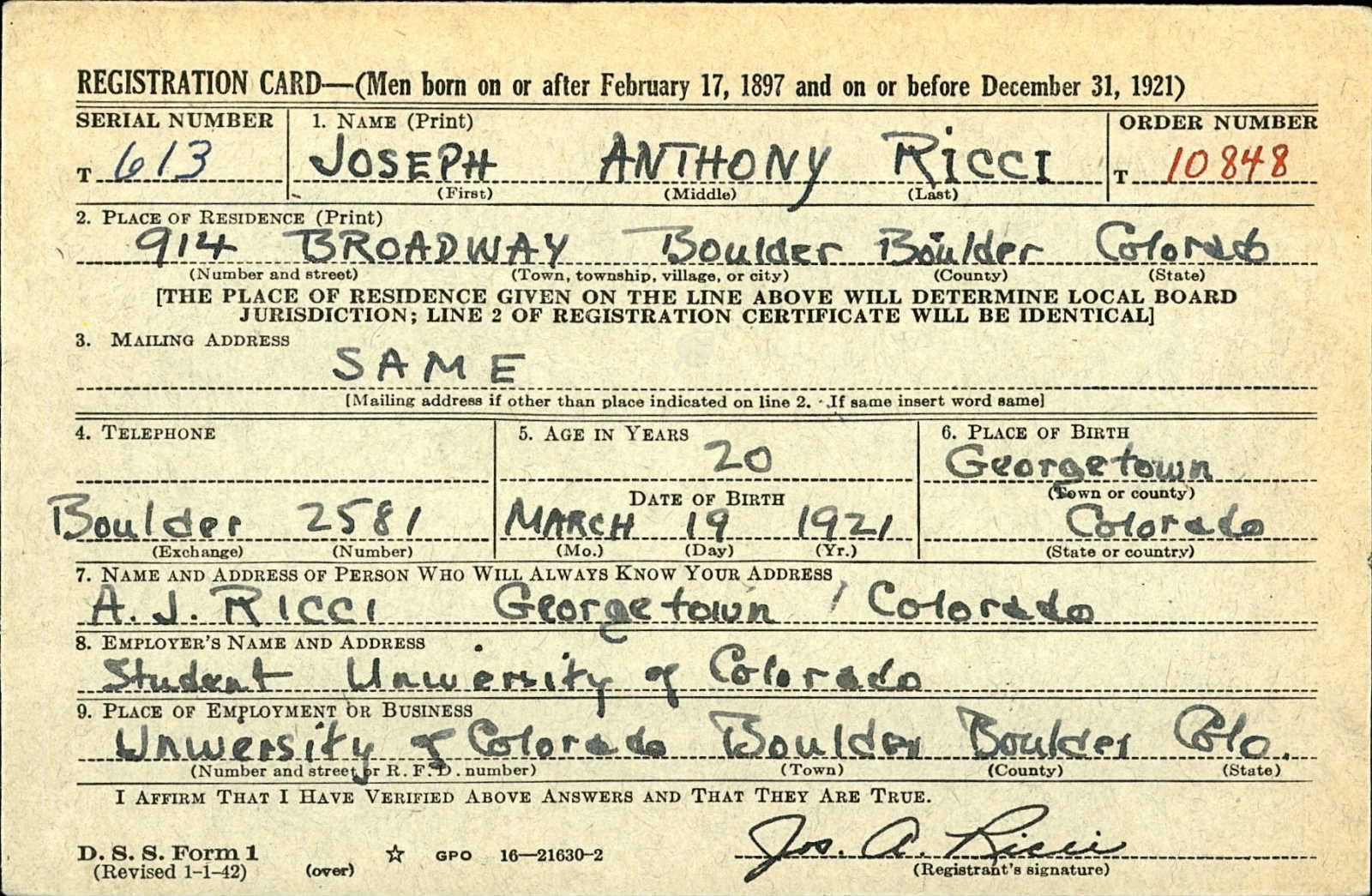 Joseph Anthony Ricci Draft Registration Card