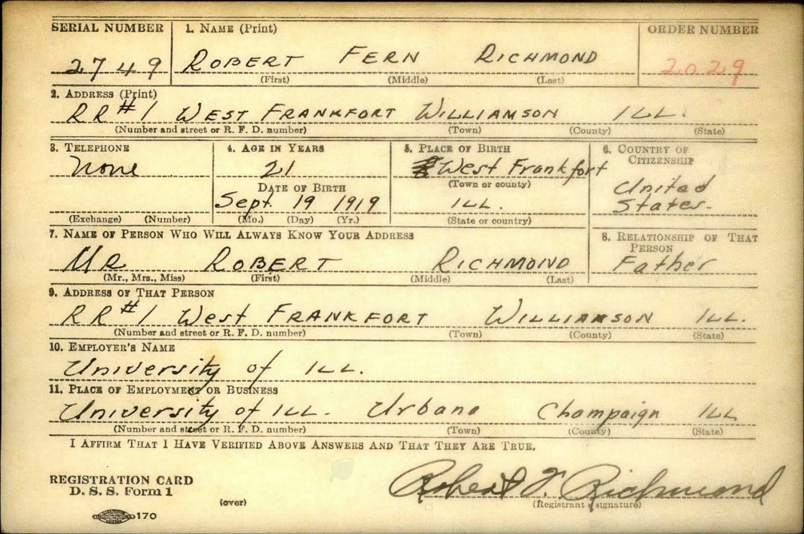 Robert Fern Richmond Draft Registration Card