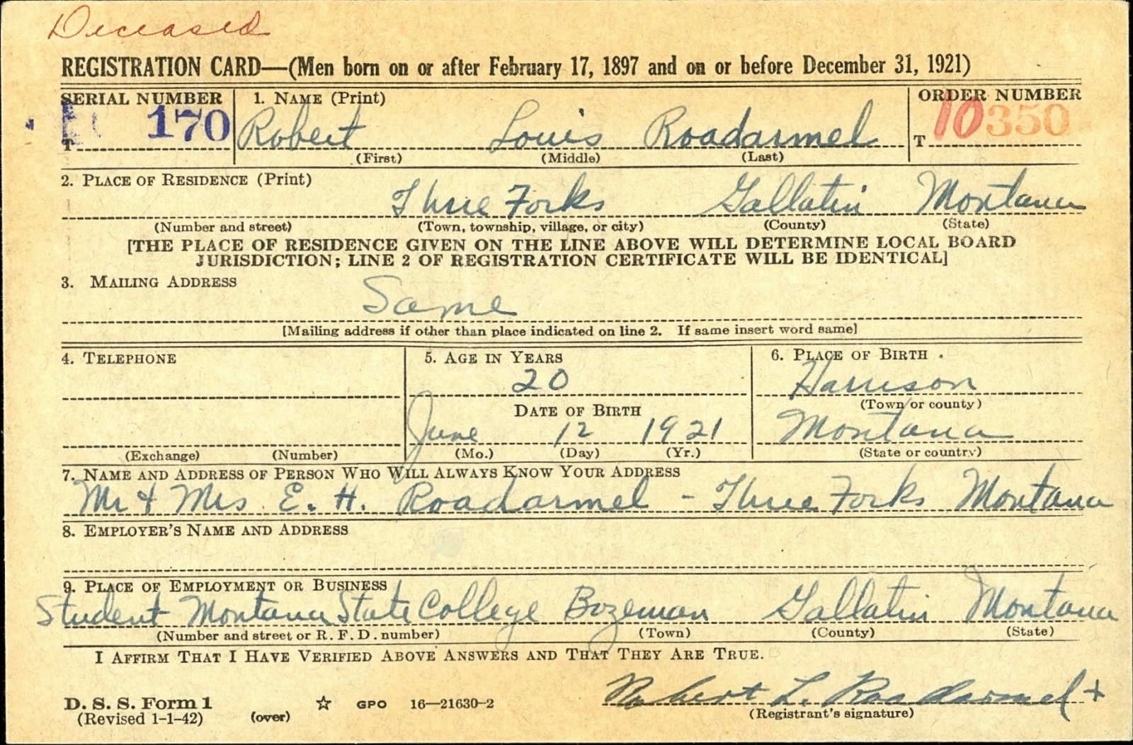Robert Louis Roadarmel Draft Registration Card
