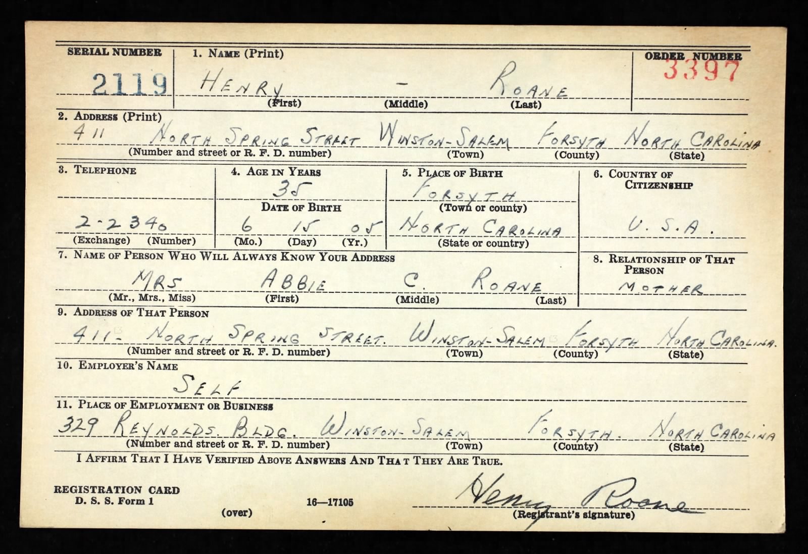 Henry Roan Jr. Draft Registration Card