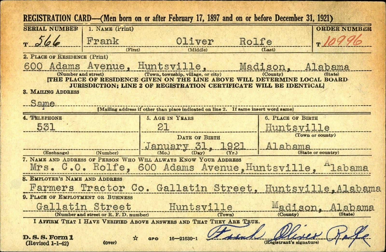Frank Oliver Rolfe Draft Registration Card