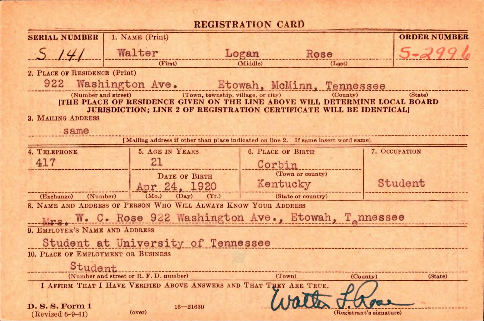 Walter Logan Rose Draft Registration Card