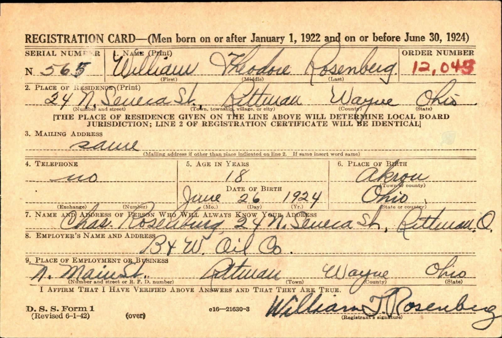 William Theodore Rosenberg Draft Registration Card