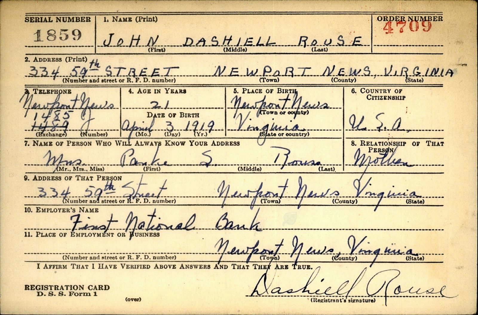 John Dashiell Rouse Draft Registration Card