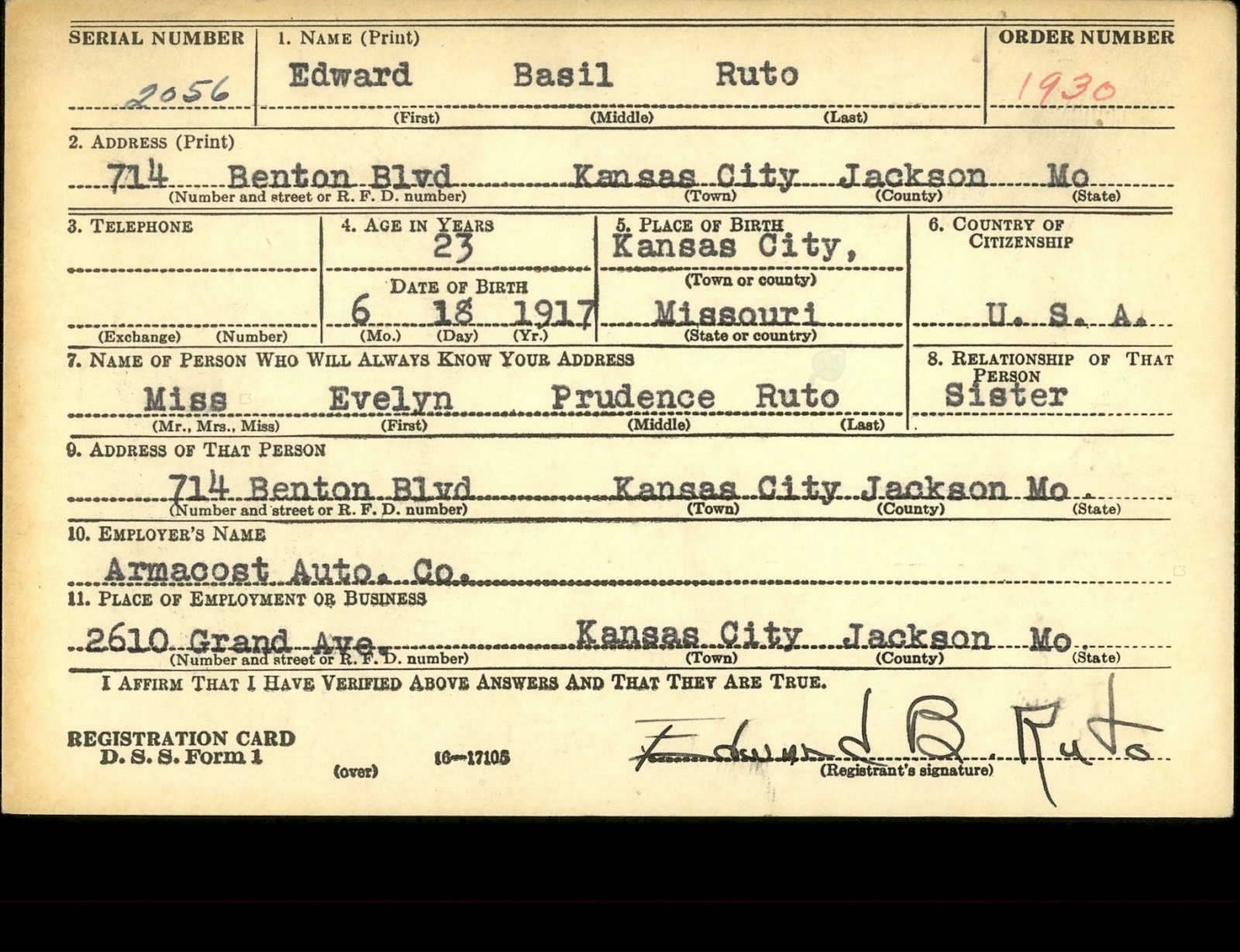 Edward Basil Ruto Draft Registration Card