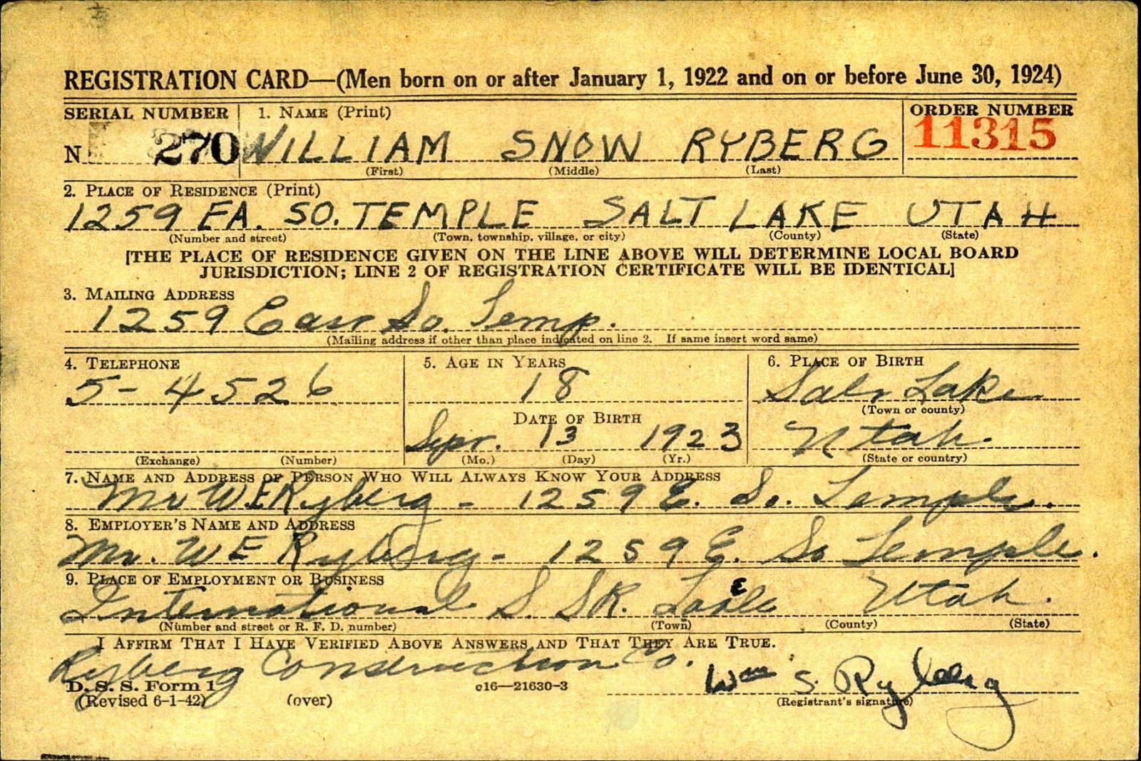 William Shaw Ryberg Draft Registration Card