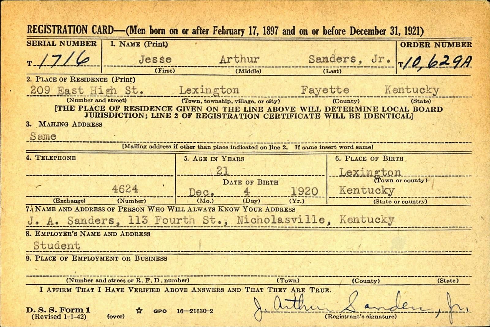 Jesse Arthur Sanders Draft Registration Card
