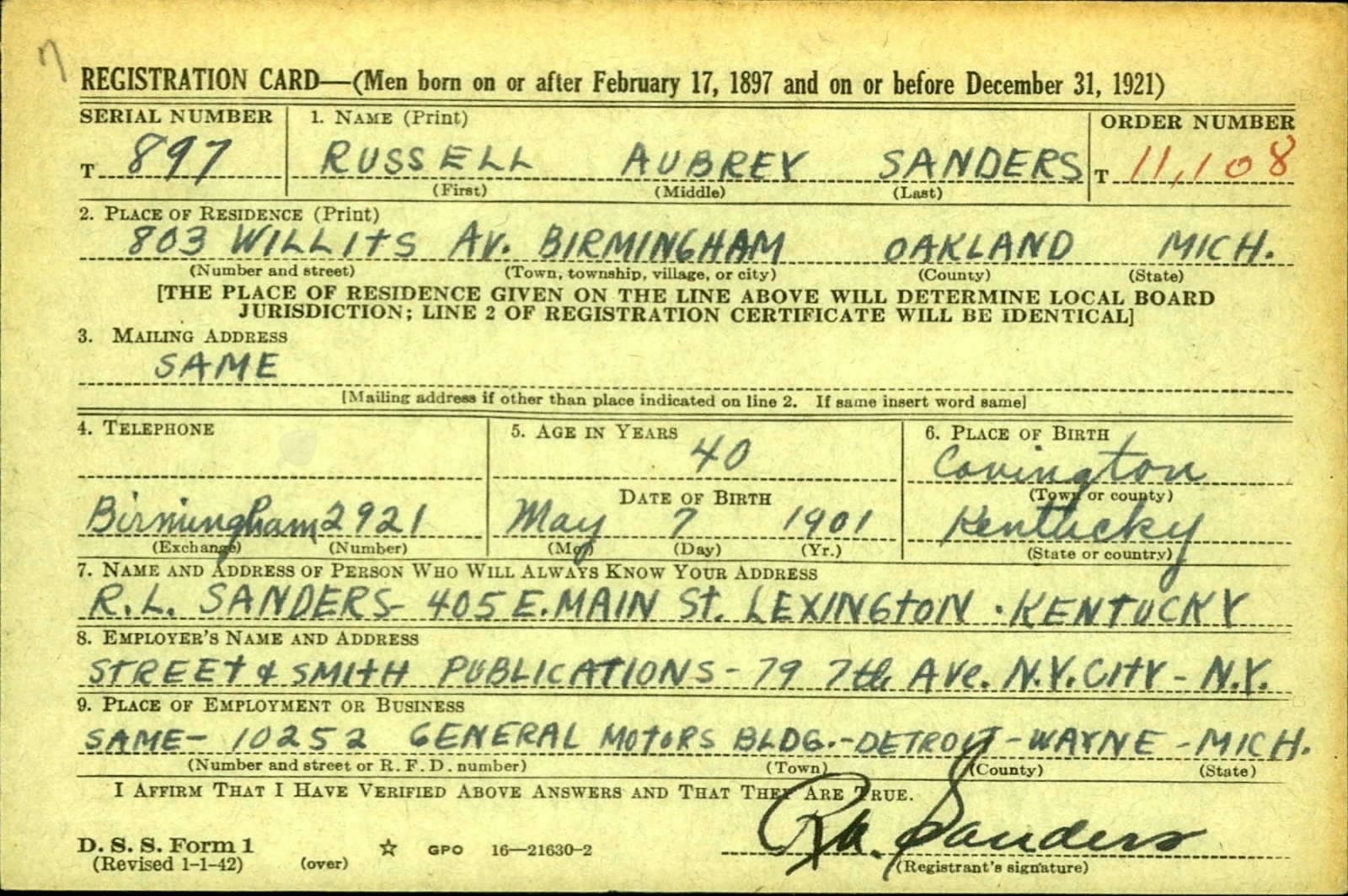 Russell Aubrey Sanders Draft Registration Card
