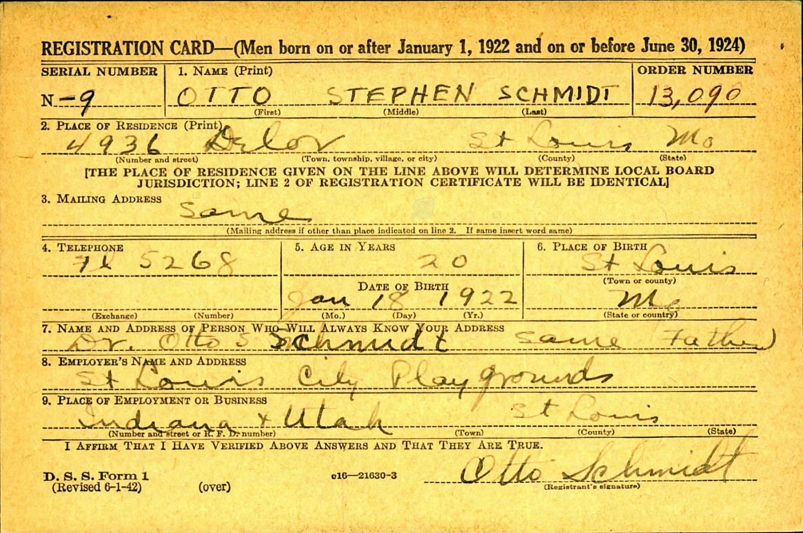 Otto Stephen Schmidt Draft Registration Card