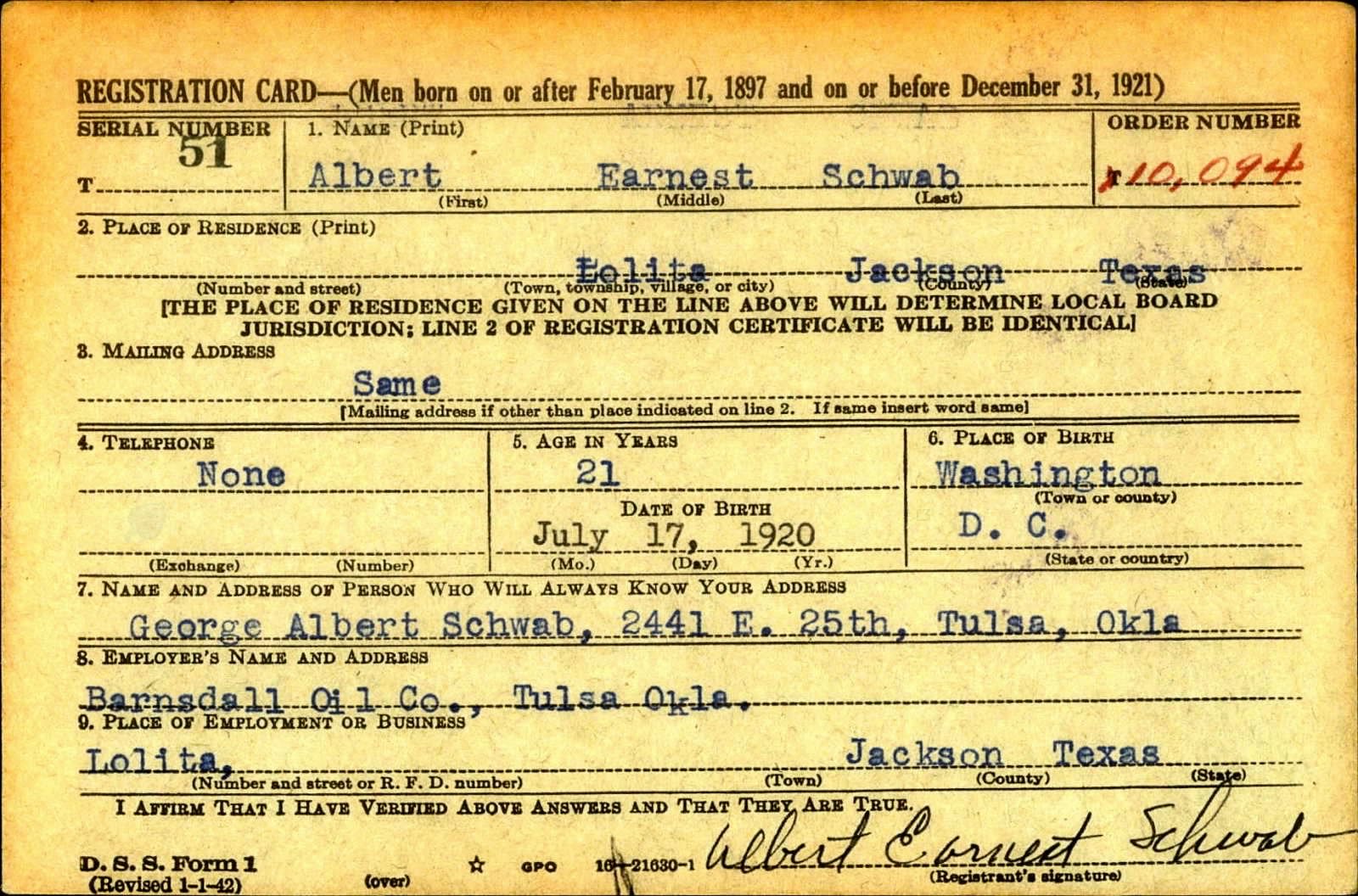 Albert Earnest Schwab Draft Registration Card