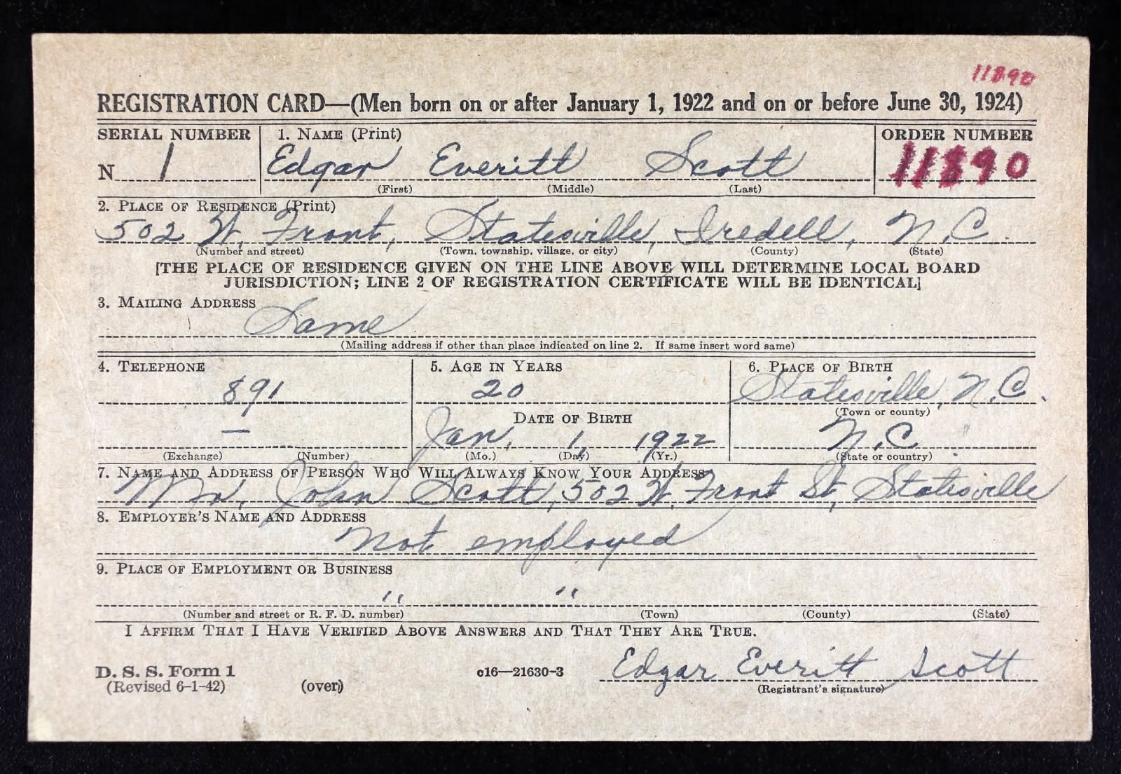 Edgar Everitt Scott Draft Registration Card
