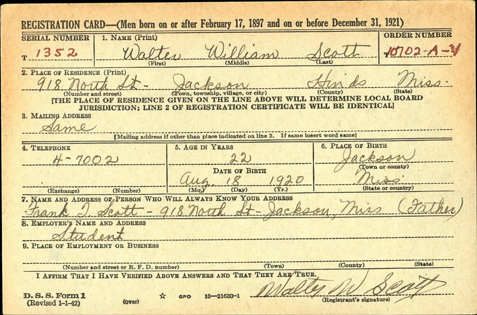 Walter William Scott Draft Registration Card