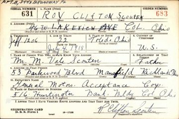 Roy Clifton Scouten Draft Registration Card