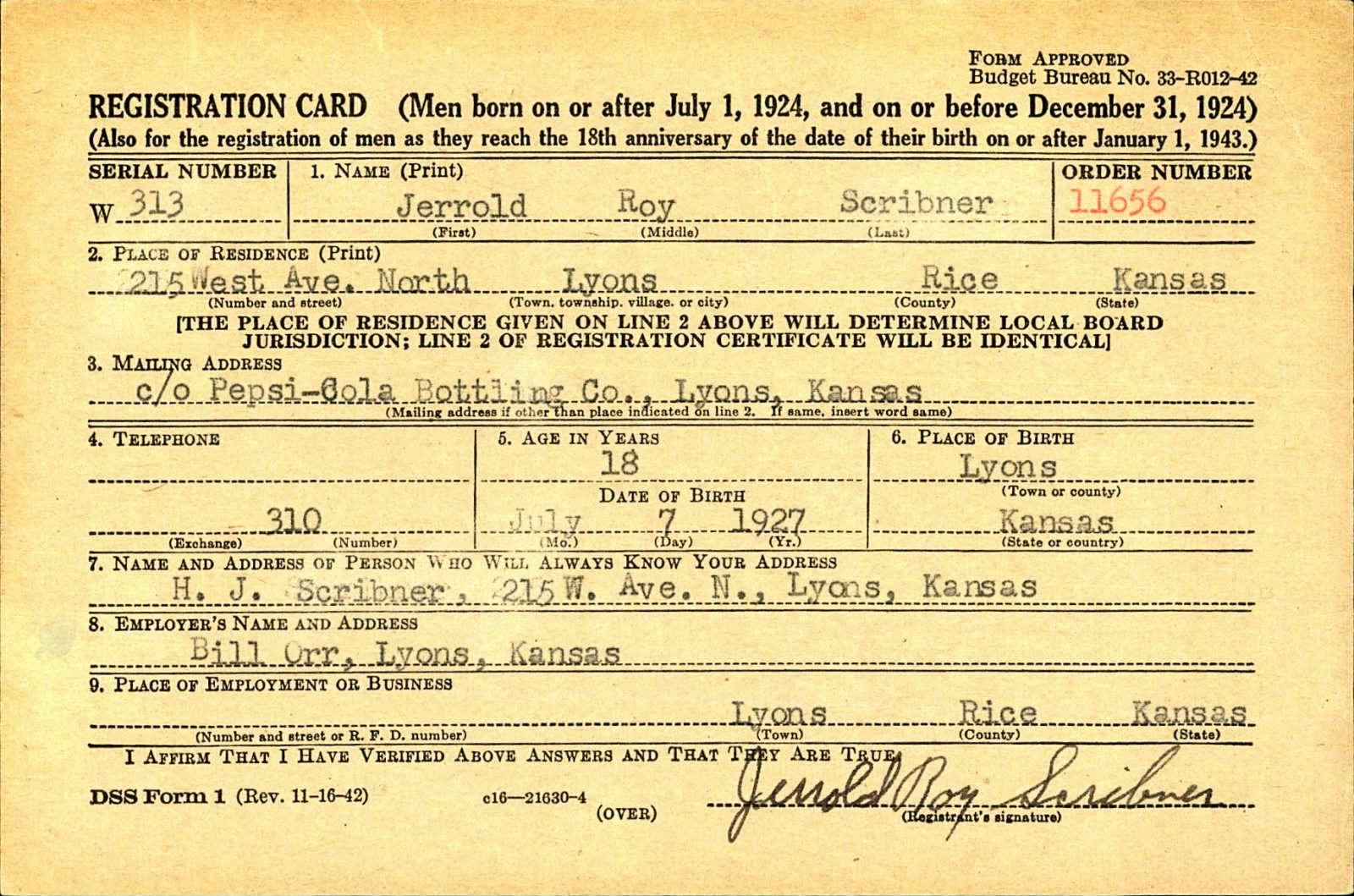 Jerrold Roy Scribner Draft Registration Card