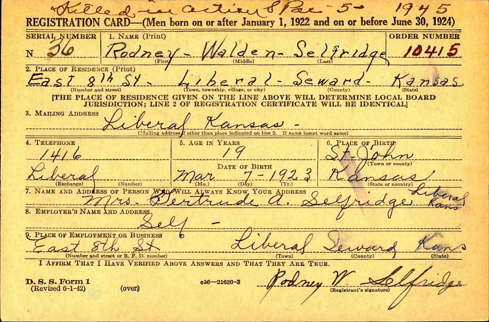 Rodney Walden Selfridge Draft Registration Card