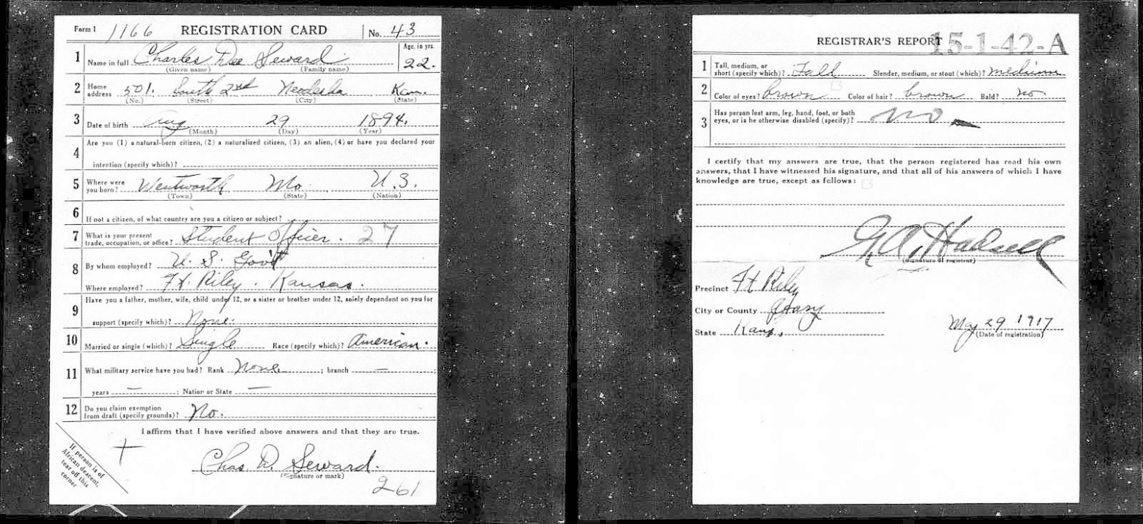 Charles Dee Seward Draft Registration Card