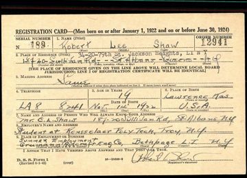 Robert Lee Shaw Draft Registration Card