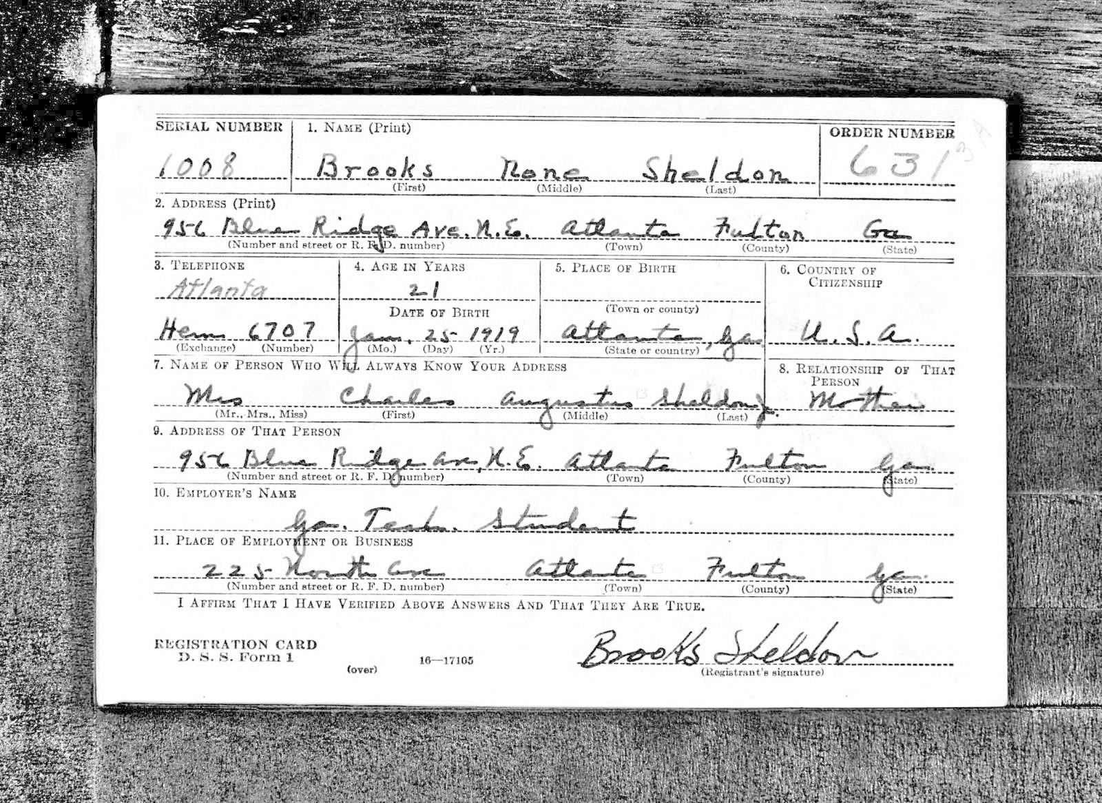 Brooks Sheldon Draft Registration Card