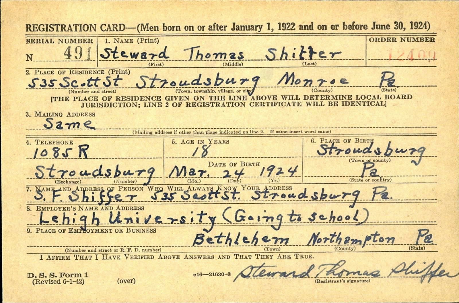 Steward Thomas Shiffer Draft Registration Card