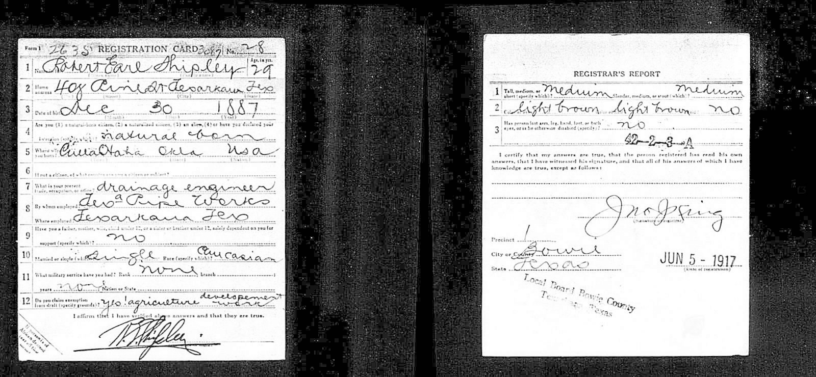 Robert Earl Shipley Draft Registration Card