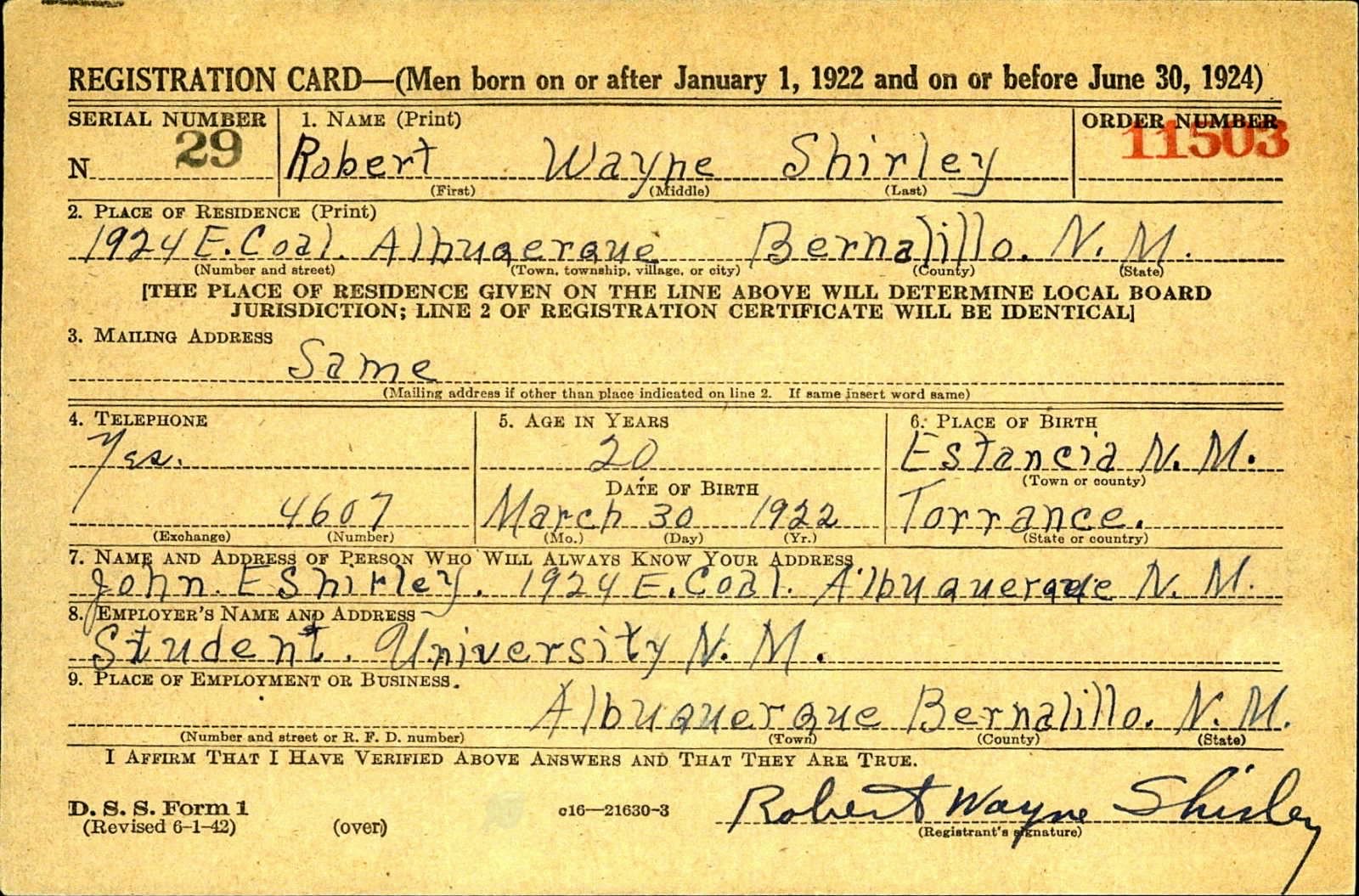 Robert Wayne Shirley Draft Registration Card