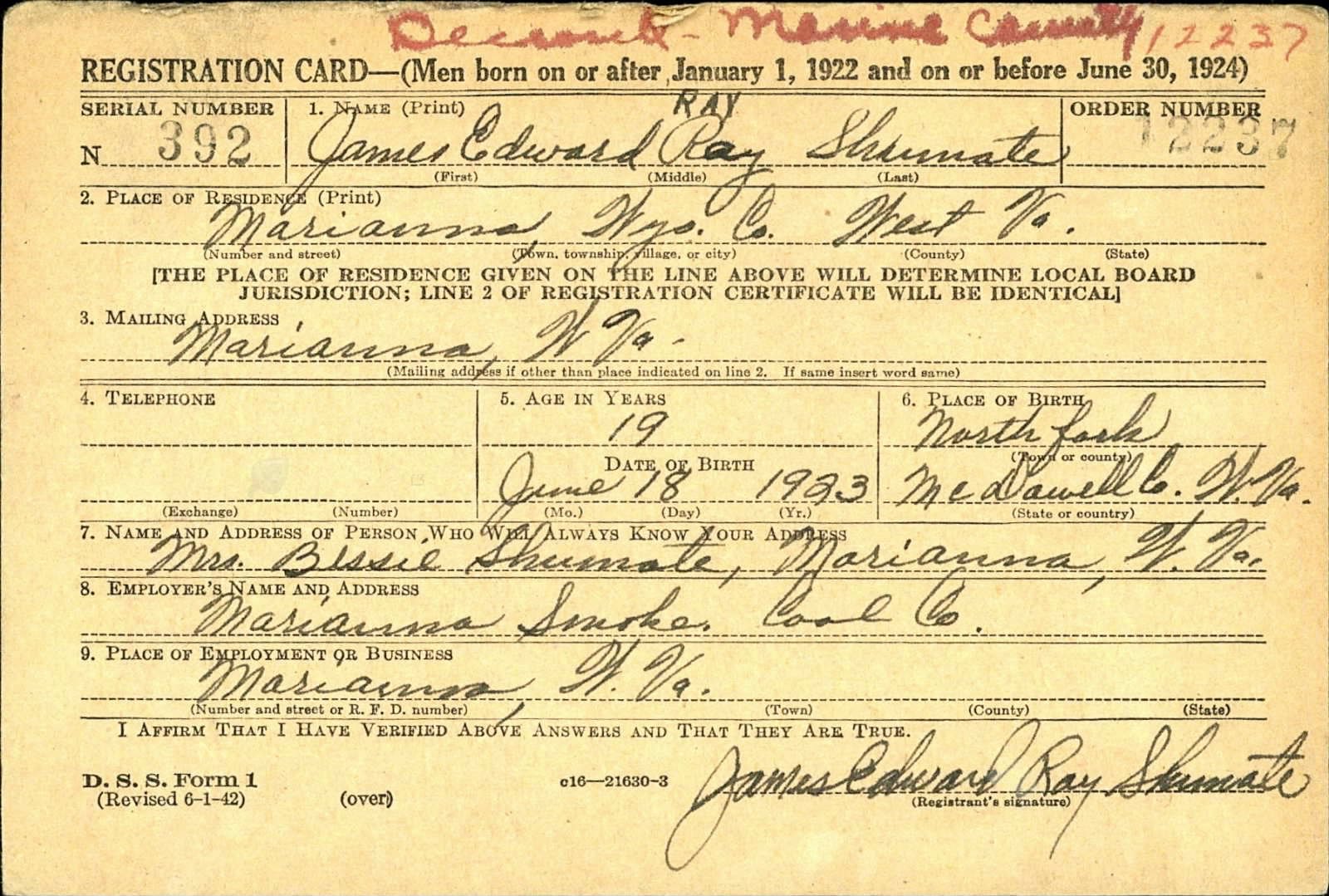 James Edward Ray Shumate Draft Registration Card
