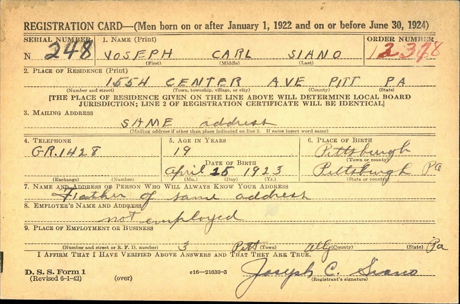 Joseph Carl Siano Draft Registration Card