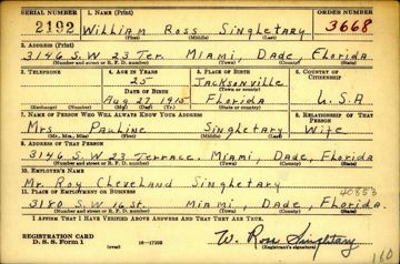 William Ross Singletary Draft Registration Card