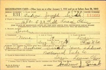 Andrew Joseph Sirak Draft Registration Card