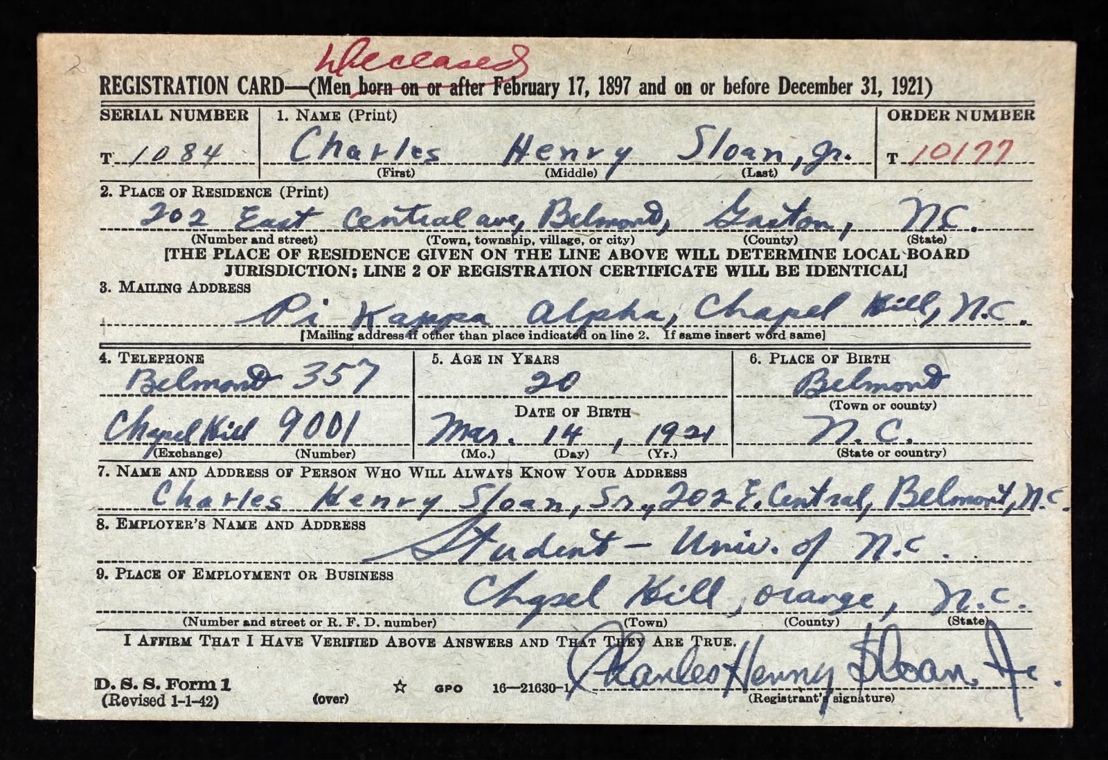 Charles Henry Sloan Jr. Draft Registration Card