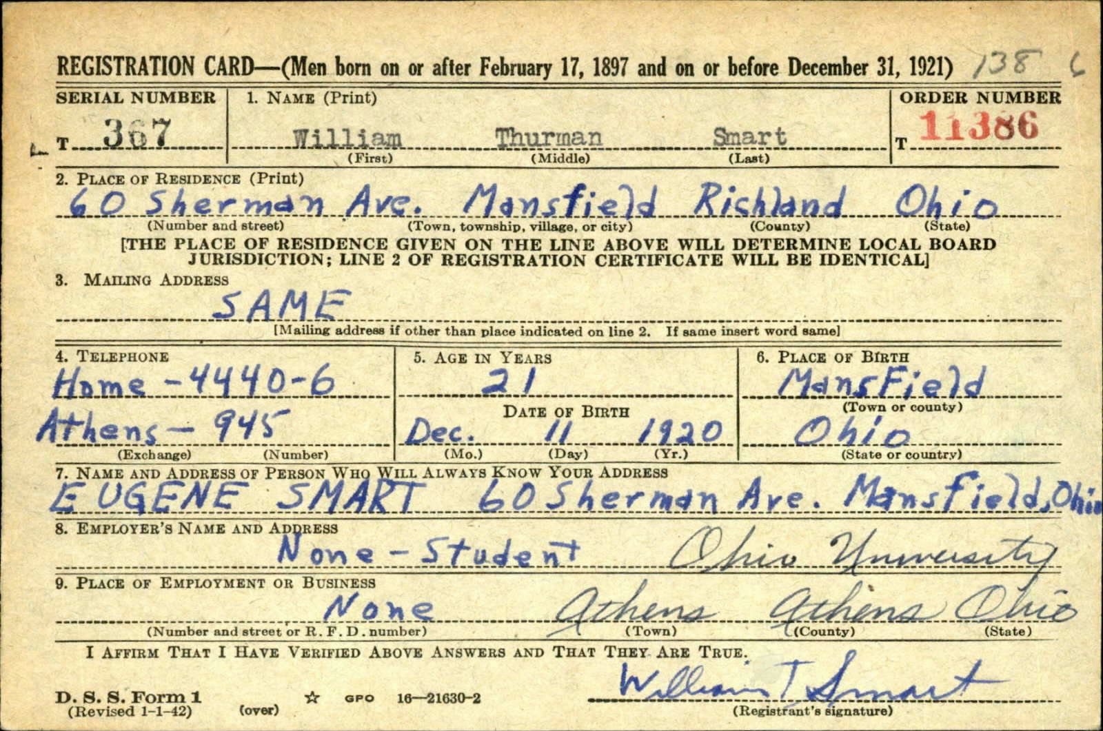 William Thurman Smart Draft Registration Card