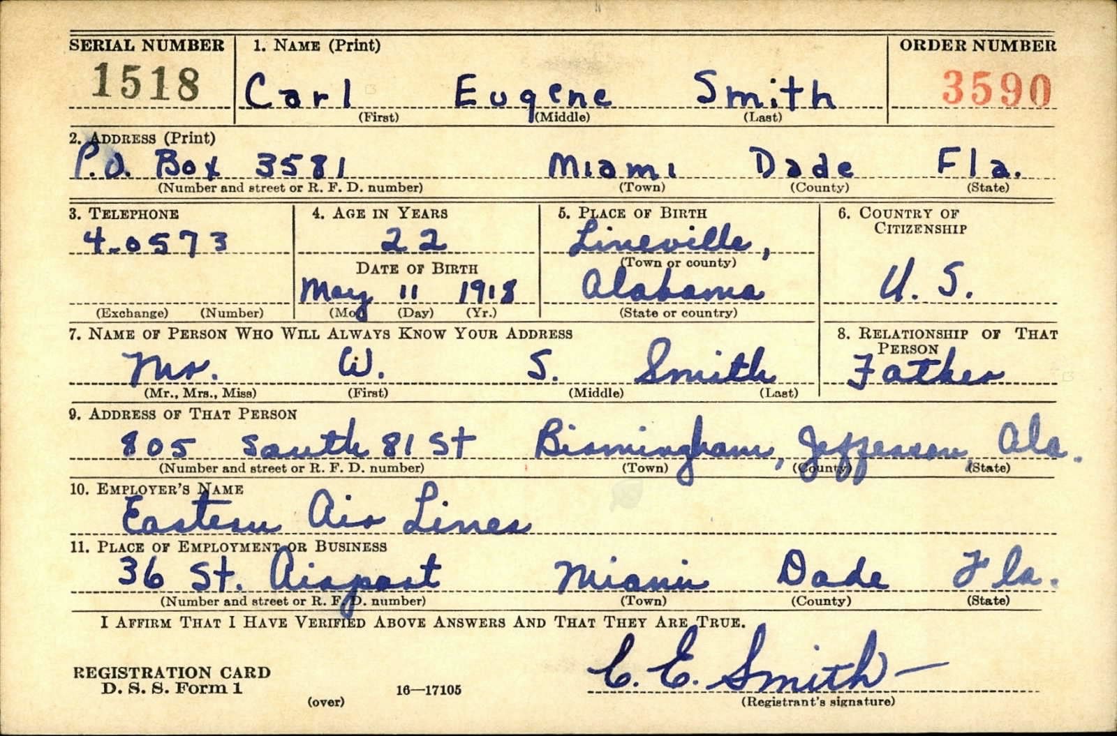 Carl Eugene Smith Draft Registration Card