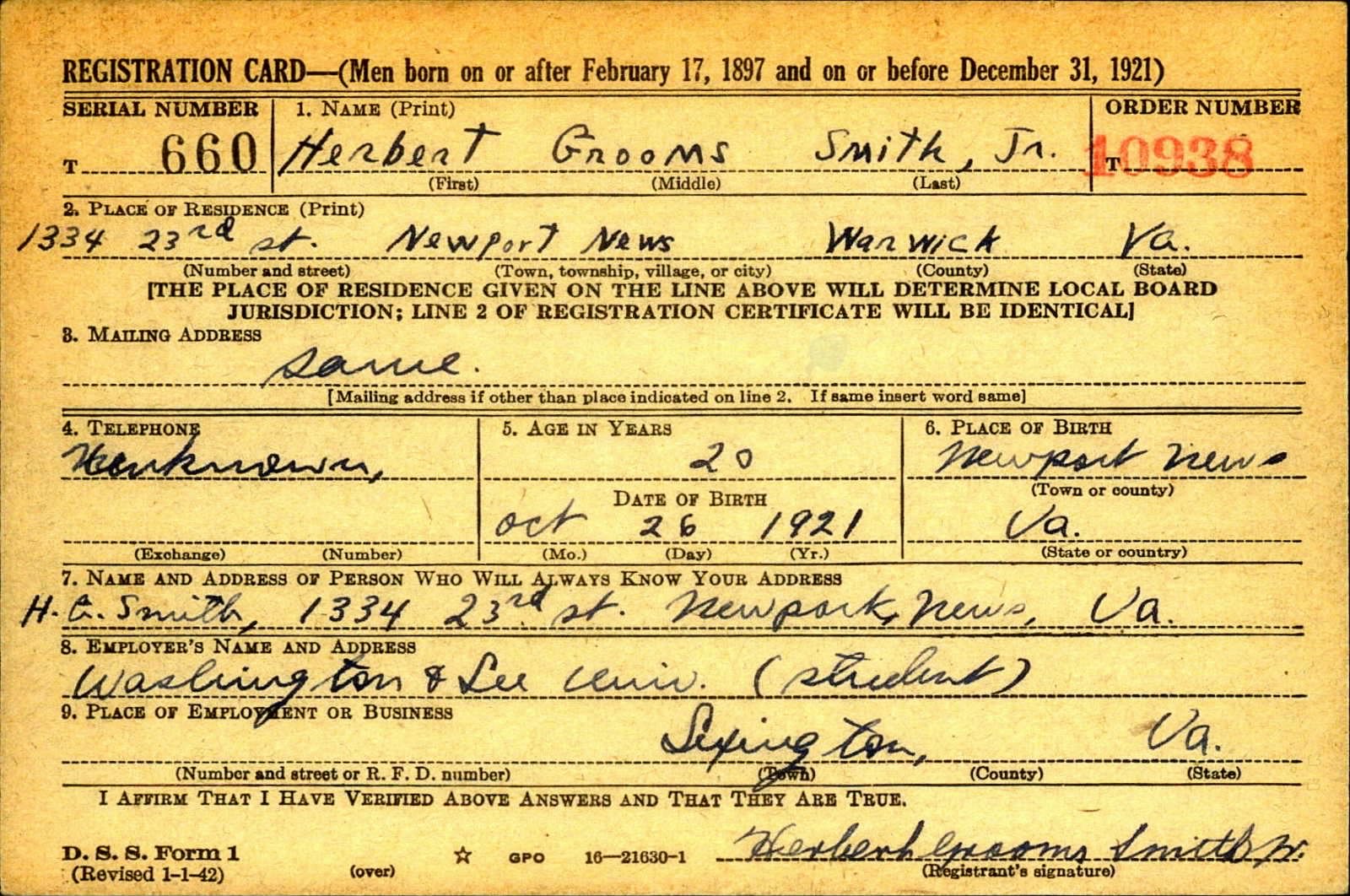 Herbert Grooms Smith Jr. Draft Registration Card