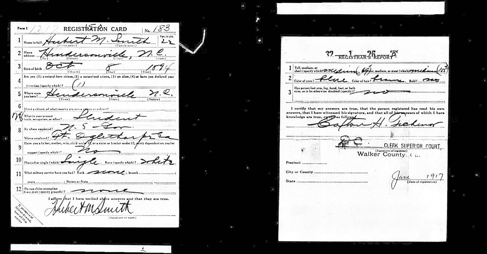 Hubert McCrea Smith Draft Registration Card