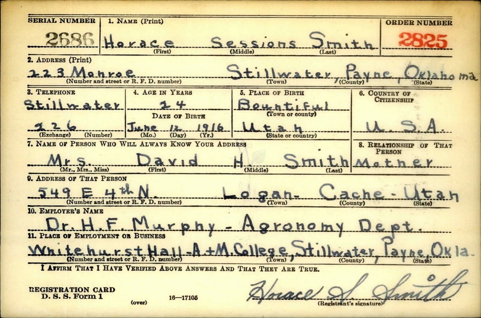 Horace Sessions Smith Draft Registration Card