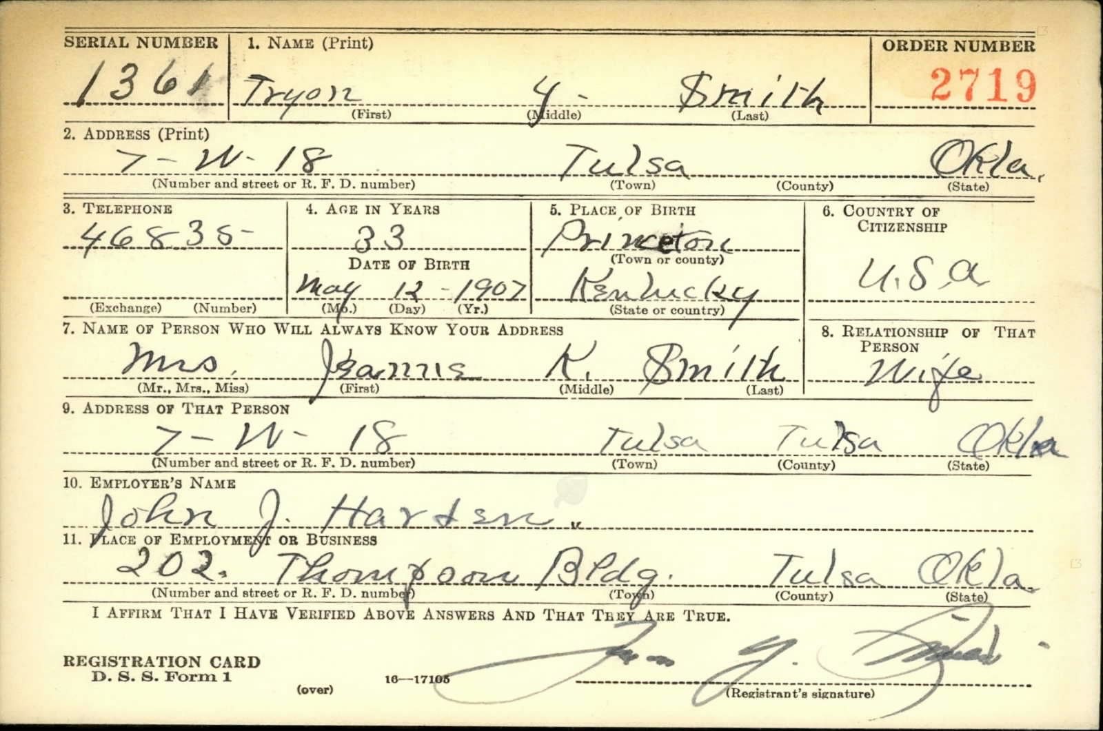 Tryon Y. Smith Draft Registration Card