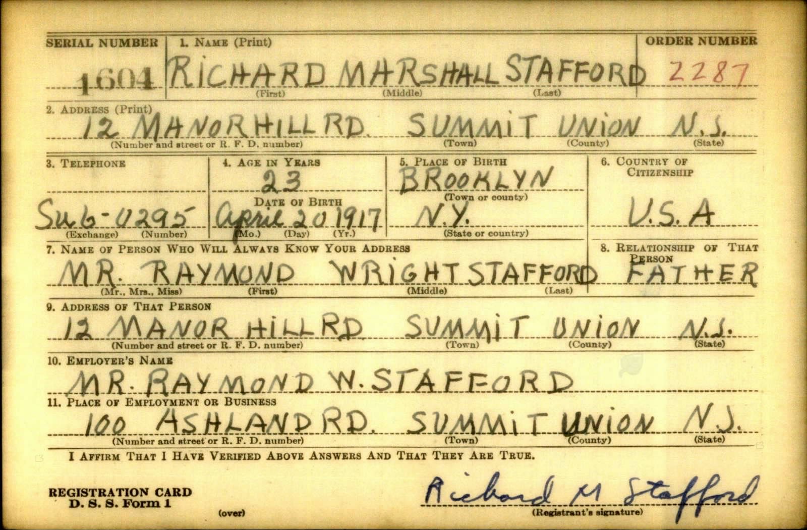 Richard Marshall Stafford Draft Registration Card