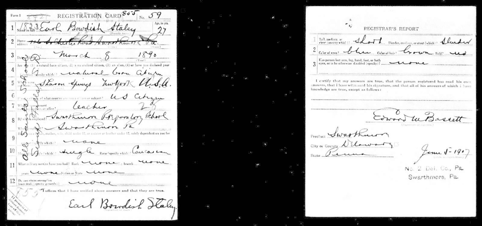 Earl Bowdish Staley Draft Registration Card