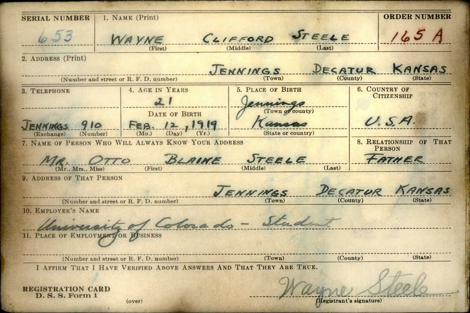 Wayne Clifford Steele Draft Registration Card