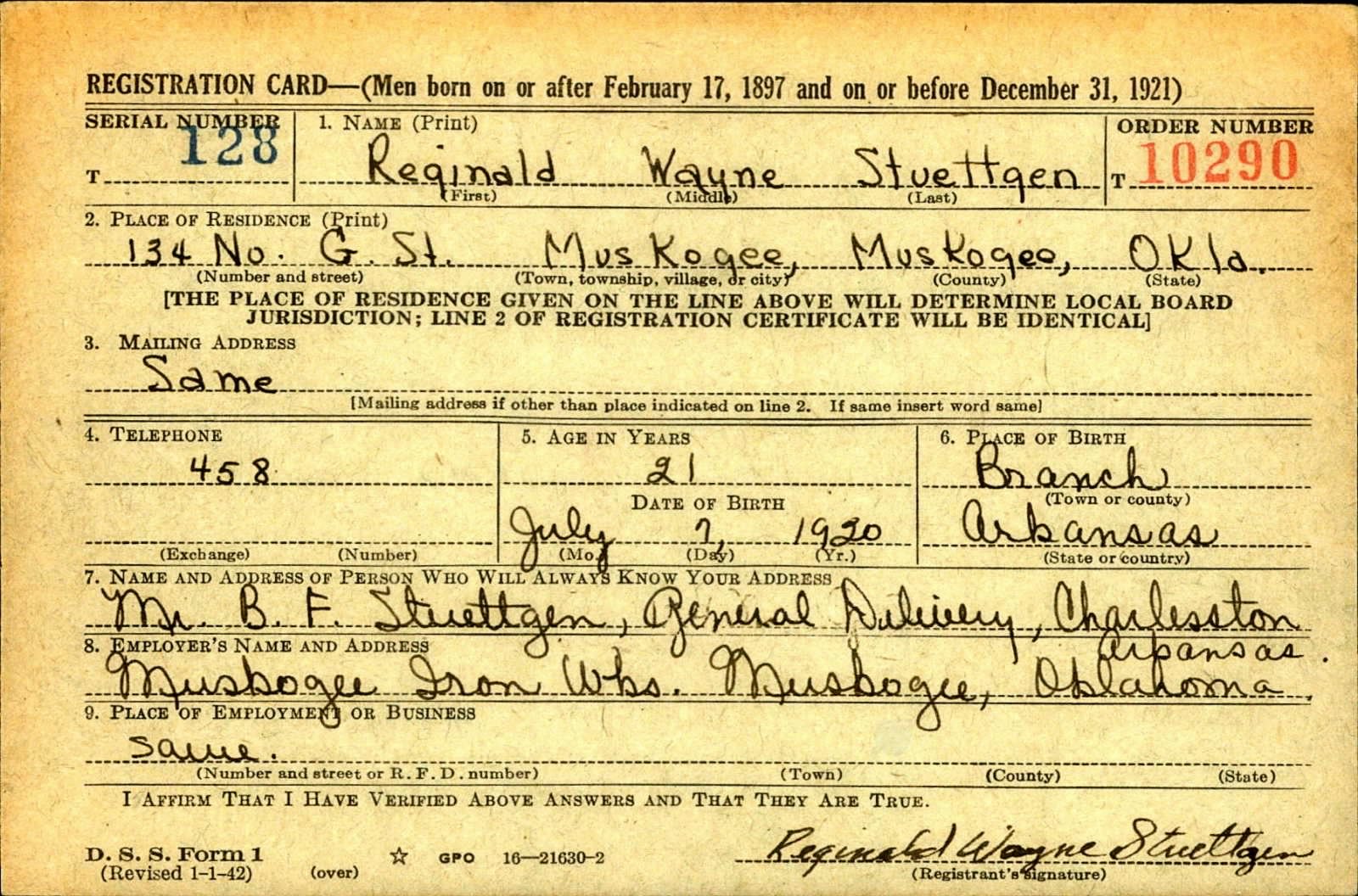 Reginald Wayne Stuettgen Draft Registration Card