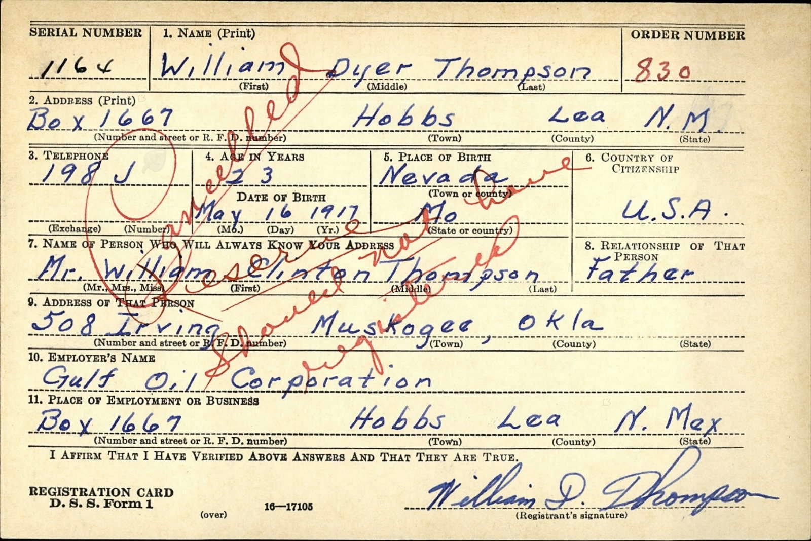 William Dyer Thompson Draft Registration Card