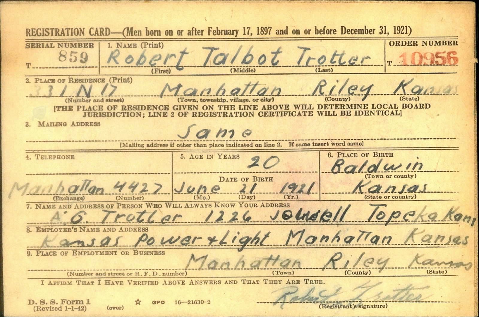 Robert Talbot Trotter Draft Registration Card