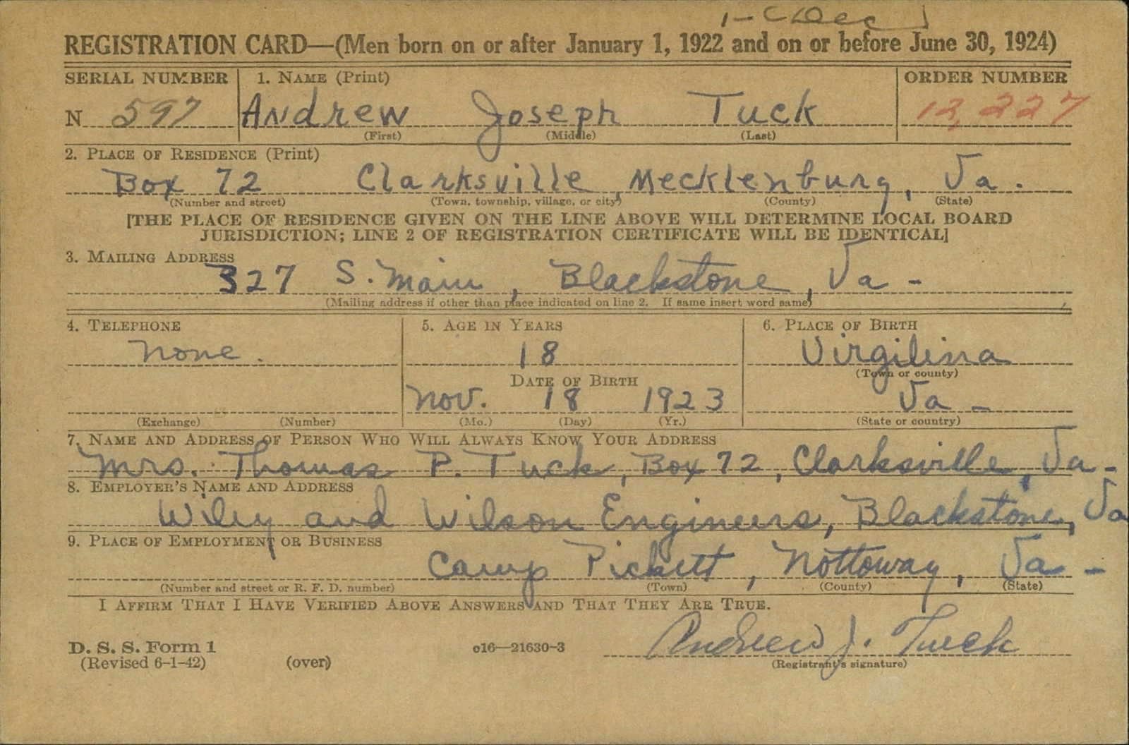 Andrew Joseph Tuck Draft Registration Card